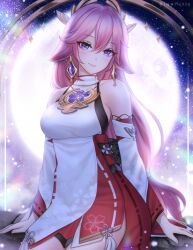 Rule 34 | 1girl, animal ears, bare shoulders, breasts, commentary, cowboy shot, detached sleeves, earrings, fox ears, genshin impact, gigamessy, head tilt, highres, jewelry, large breasts, long hair, long sleeves, looking at viewer, moon, nontraditional miko, pink hair, purple eyes, red skirt, shirt, sitting, skirt, sleeveless, sleeveless shirt, smile, solo, very long hair, white shirt, yae miko