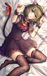 Rule 34 | 1girl, absurdres, animal ear fluff, animal ears, arm up, ascot, black dress, black thighhighs, blue eyes, breasts, cat ears, cat tail, dress, from above, fur collar, green hair, heterochromia, highres, idolmaster, idolmaster cinderella girls, looking at viewer, lying, mole, mole under eye, nail polish, no shoes, nyome991, on back, paw pose, purple nails, ribbon, short hair, solo, tail, tail ornament, tail ribbon, takagaki kaede, thighhighs