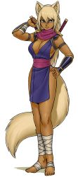 Rule 34 | 1girl, armor, bandages, bare shoulders, blonde hair, blue eyes, breasts, closed mouth, eyebrows, eyelashes, feet, female focus, fluffy, full body, furry, hair between eyes, hand on back, hand on own hip, highres, kitsune kunoichi (luigiix), large tail, long hair, long tail, looking at viewer, luigiix, mummy costume, original, raised hand, shadow, shiny skin, simple background, smile, solo, standing, sword, tail, weapon, white background