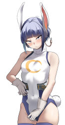 Rule 34 | 1girl, absurdres, animal ears, bare shoulders, blue eyes, blue hair, blush, boku no hero academia, breasts, collarbone, cosplay, covered navel, gloves, groin, highres, hip bones, jirou kyouka, legs, looking at viewer, mirko, mirko (cosplay), navel, rabbit ears, rabbit tail, short hair, simple background, skin tight, small breasts, solo, tail, tight clothes, white background, white gloves, zd (pixiv6210083)