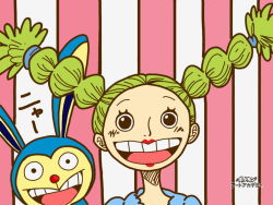 Rule 34 | 1girl, animal, rabbit, chimney (one piece), lipstick, makeup, one piece, striped, striped background, twintails, water 7