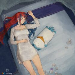 Rule 34 | 1girl, alear (female) (fire emblem), alear (fire emblem), bare legs, bed, blue hair, closed eyes, curtains, fire emblem, fire emblem engage, flower, from above, highres, long hair, lying, multicolored hair, nightgown, nintendo, on back, parted lips, red hair, scarf, sleeping, sommie (fire emblem), split-color hair, zoedapoey