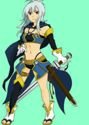 Rule 34 | 1girl, ahoge, aqua background, belt, blue eyes, breasts, elbow gloves, gloves, grey hair, jewelry, midriff, navel, necklace, ring, rondorine e. effenberg, scarf, shoes, shorts, smile, sword, tales of (series), tales of phantasia, tales of phantasia: narikiri dungeon x, thighhighs, weapon
