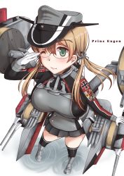 Rule 34 | 10s, 1girl, bad anatomy, bad hands, bad leg, bad perspective, bad proportions, bespectacled, blonde hair, blush, breasts, character name, cross, glasses, green eyes, hat, highres, iron cross, kantai collection, large breasts, minase (takaoka nanase), one eye closed, prinz eugen (kancolle), salute, skirt, smile, solo, thighhighs, twintails