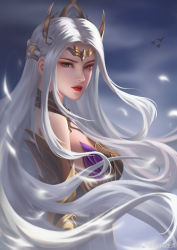 Rule 34 | 1girl, absurdres, armor, armored dress, doppelganger, douluo dalu, dress, hair ornament, highres, long hair, looking at viewer, purple dress, qian renxue (douluo dalu), qian renxue zhuye, weibo watermark, white hair
