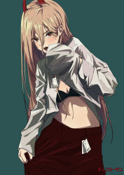 Rule 34 | 1girl, blonde hair, bra, breasts, chainsaw man, ci4, cross-shaped pupils, crosshair pupils, demon girl, demon horns, glaring, green background, highres, horns, long hair, long sleeves, looking at viewer, open clothes, open mouth, open shirt, power (chainsaw man), red horns, red skirt, simple background, skirt, small breasts, solo, standing, stomach, symbol-shaped pupils, tag, underwear