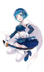 Rule 34 | 1girl, ;d, belt, blue eyes, blue footwear, blue hair, blue skirt, blue sleeves, boots, cape, character request, cosplay, detached sleeves, fortissimo, frilled shirt, frills, full body, hair ornament, highres, holding, holding sword, holding weapon, long sleeves, looking at viewer, mahou shoujo madoka magica, mahou shoujo madoka magica (anime), miki sayaka, miki sayaka (cosplay), miniskirt, musical note, musical note hair ornament, one eye closed, open mouth, pleated skirt, saber (weapon), shirt, short hair, skirt, smile, solo, strapless, sudach koppe, sword, thighhighs, transparent background, weapon, white cape, white thighhighs, zettai ryouiki