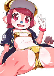 Rule 34 | 1girl, ?, animal ears, animal nose, arm support, baseball cap, bikini, blue shirt, blush, buffalo bell, cameltoe, cleft of venus, colored skin, cow ears, cow girl, cow tail, female focus, flat chest, fur-tipped tail, furry, furry female, gloves, gold bikini, hand up, happy, hat, horns, leaning back, looking at viewer, matching hair/eyes, multicolored skin, navel, nippon professional baseball, open clothes, open mouth, open shirt, orix buffaloes, pink eyes, pink hair, pink skin, senzoc, shiny clothes, shiny skin, shirt, short hair, sidelocks, simple background, sitting, smile, solo, spread legs, stomach, swept bangs, swimsuit, tail, thighs, two-tone skin, v, white background, white gloves, white skin, yellow horns