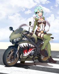 Rule 34 | 1girl, absurdres, anti-materiel rifle, aqua eyes, aqua hair, black footwear, bolt action, breasts, commentary request, fingerless gloves, funkygarage, gloves, gun, hair between eyes, hair ornament, hairclip, highres, looking at viewer, motor vehicle, motorcycle, outdoors, pgm hecate ii, rifle, scarf, shoes, short hair, short shorts, shorts, sidelocks, sinon, sitting, sniper rifle, solo, sword art online, weapon