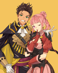 Rule 34 | 1boy, 1girl, alternate hairstyle, cape, claude von riegan, closed mouth, dark-skinned male, dark skin, fire emblem, fire emblem: three houses, fire emblem warriors: three hopes, gloves, green eyes, hair bun, hand on another&#039;s shoulder, highres, hilda valentine goneril, long hair, long sleeves, looking at viewer, nintendo, official alternate costume, official alternate hairstyle, one eye closed, pink eyes, pink hair, simple background, smile, white gloves, yachimata 1205