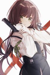 Rule 34 | 1girl, black necktie, black skirt, blue ribbon, blush, brown eyes, brown hair, closed mouth, collar x malice, commentary request, gloves, grey background, gun, hair ribbon, handgun, hands up, high-waist skirt, highres, holding, holding gun, holding weapon, hoshino ichika, long hair, long sleeves, looking at viewer, necktie, pistol, puffy long sleeves, puffy sleeves, red background, ribbon, shano-pirika, shirt, skirt, solo, two-tone background, v-shaped eyebrows, very long hair, weapon, weapon request, white gloves, white shirt