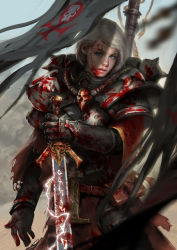 Rule 34 | 1girl, absurdres, adepta sororitas, after battle, armor, banner, belt pouch, blood, blood on face, blood splatter, blue eyes, electricity, highres, holding, holding sword, holding weapon, imperium of man, looking at viewer, nose, parted lips, pelvic curtain, pink lips, pouch, power armor, realistic, reverse grip, silver hair, solo, sword, warhammer 40k, weapon, yangzheyy