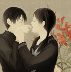 Rule 34 | 1boy, 1girl, black hair, brown eyes, closed eyes, finger in another&#039;s mouth, flower, hand grab, holding hands, long hair, looking at another, original, parody, plant, plant request, re:i, red flower, saliva, saliva trail, school uniform, short twintails, signature, style parody, tan background, twintails