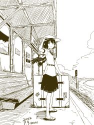 Rule 34 | 1girl, dated, hand on headwear, hat, kawashina (momen silicon), looking at viewer, monochrome, pointy ears, railroad tracks, shameimaru aya, short hair, smile, solo, tokin hat, touhou, train station, wings