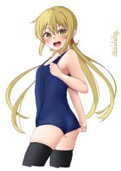 Rule 34 | 1girl, adjusting clothes, adjusting swimsuit, ass, back, black thighhighs, blonde hair, blue one-piece swimsuit, blush, collarbone, flat chest, hair between eyes, highres, ishida arata, kantai collection, long hair, looking to the side, low twintails, old school swimsuit, one-piece swimsuit, open mouth, satsuki (kancolle), school swimsuit, simple background, smile, solo, swimsuit, thighhighs, twintails, twitter username, white background