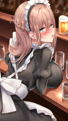 Rule 34 | 1girl, alcohol, apron, aqua eyes, beer, beer mug, black dress, blurry, braid, breast rest, breasts, brown hair, cup, depth of field, dress, french braid, highres, juliet sleeves, large breasts, leaning forward, long hair, long sleeves, looking at viewer, looking back, maid, maid apron, maid headdress, mug, open mouth, original, osisio, puffy sleeves, solo