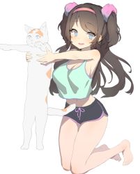 Rule 34 | 1girl, animal, barefoot, black hair, black shorts, blue eyes, blush, breasts, cat, cleavage, dolphin shorts, gym shorts, hairband, holding, holding animal, holding cat, kneeling, large breasts, legs together, long hair, longcat (meme), looking at viewer, loungewear, meme, muloli, navel, open mouth, original, short shorts, shorts, simple background, smile, solo, swept bangs, tank top, thighs, two side up, white background