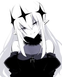 Rule 34 | 1girl, absurdres, breasts, detached sleeves, dress, fur choker, greyscale, halter dress, halterneck, head tilt, highres, ishiyumi, long hair, looking at viewer, medium breasts, monochrome, original, pointy ears, smile, solo, straight-on, white background