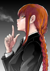 Rule 34 | 1girl, albyee, black background, black jacket, braid, braided ponytail, chainsaw man, commentary, english commentary, finger gun, formal, from side, gradient background, grey background, hand up, jacket, lips, long hair, long sleeves, looking at viewer, makima (chainsaw man), orange eyes, orange hair, pointing, pointing up, ringed eyes, sidelocks, sketch, smoke, solo, suit jacket, upper body