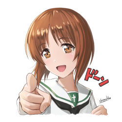 Rule 34 | 10s, 1girl, :d, artist name, black neckerchief, blouse, brown eyes, commentary request, cropped neck, foreshortening, girls und panzer, long sleeves, looking at viewer, neckerchief, nishizumi miho, ooarai school uniform, open mouth, pointing, pointing at viewer, portrait, school uniform, serafuku, shamakho, shirt, short hair, signature, simple background, smile, solo, white background, white shirt