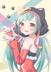 Rule 34 | 1girl, absurdres, animal ears, aqua hair, bare shoulders, black hat, breasts, cat ears, cat food (vocaloid), detached sleeves, dress, facial mark, fang, frilled dress, frilled sleeves, frills, from side, hat, hat with ears, hatsune miku, highres, layered sleeves, long hair, long sleeves, looking at viewer, mokoinu, open mouth, paw pose, paw print, pierretta (module), red sleeves, sidelocks, skin fang, small breasts, smile, solo, strapless, teardrop facial mark, upper body, vocaloid, yellow eyes