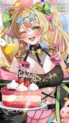 Rule 34 | 1girl, absurdres, ace (playing card), ace of hearts, animal collar, artist name, astara, balloon, belt, black belt, black collar, blonde hair, blush, breasts, cake, card, chain, cleavage, collar, commission, confetti, eyewear on head, food, fruit, gold chain, green eyes, happy birthday, heart, highres, holding, holding plate, indie virtual youtuber, multicolored hair, navel, one eye closed, open mouth, pastaroni ravioli, pink hair, pink skirt, plate, playing card, pleated skirt, second-party source, skirt, solo, star-shaped eyewear, star (symbol), strawberry, streamers, stuffed animal, stuffed rabbit, stuffed toy, teeth, twitter username, two-tone hair, upper teeth only, virtual youtuber