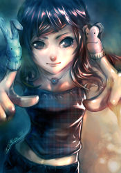 Rule 34 | 1girl, brown hair, rabbit, finger puppet, jewelry, midriff, monkey, necklace, plaid, puppet, santa fung, smile, solo