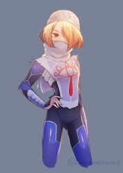 Rule 34 | 1girl, absurdres, androgynous, bandages, blonde hair, bodysuit, highres, looking at viewer, mask, nintendo, red eyes, reverse trap, sheik, short hair, simple background, solo, supure647, the legend of zelda, the legend of zelda: ocarina of time, turban