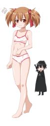 Rule 34 | 10s, 1boy, 1girl, age difference, barefoot, blood, bow, bow bra, bow panties, bra, brown hair, flying sweatdrops, full body, hair ornament, hair ribbon, hayashiya zankurou, highres, kirito, legs, looking at another, navel, nosebleed, panties, red eyes, ribbon, short hair, short twintails, silica, simple background, standing, sword art online, twintails, underwear, underwear only, white background, white bra, white panties