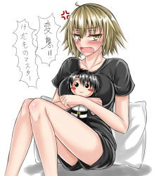 Rule 34 | 1girl, ahoge, alternate costume, anger vein, bare legs, black shirt, blonde hair, blush, breasts, character doll, collarbone, hugging doll, fang, fate/grand order, fate (series), fujimaru ritsuka (male), jeanne d&#039;arc (fate), jeanne d&#039;arc alter (avenger) (fate), jeanne d&#039;arc alter (fate), large breasts, looking at viewer, no headwear, hugging object, open mouth, pillow, ruler (fate/grand order), sanmoto gorouzaemon, shirt, short hair, short sleeves, shorts, solo, t-shirt, tears, translation request, yellow eyes