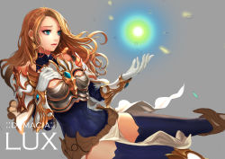 Rule 34 | 1girl, absurdres, armor, blonde hair, blue eyes, blue thighhighs, boots, character name, cherrylich, daeho cha, earrings, frown, gloves, headband, highres, jewelry, league of legends, long hair, lux (league of legends), necklace, solo, thighhighs, unfinished, white gloves