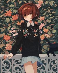 1girl absurdres against_railing black_cat black_sweater blue_skirt brown_eyes brown_hair bush cat closed_mouth collared_shirt cowboy_shot fingernails highres ka_(marukogedago) looking_at_viewer original pleated_skirt railing shirt short_hair skirt solo sweater white_shirt wing_collar