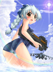 Rule 34 | 00s, 1girl, aim-120 amraam, aim-9 sidewinder, air-to-air missile, aircraft, airplane, ass, beyond-visual-range missile, blue ribbon, blush, bow, braid, breasts, brown eyes, bullpup, cloud, fighter jet, from behind, full metal panic!, grey hair, gun, hair ornament, hair ribbon, hase yu, hawker harrier, holding, horizontal magazine, jet, lens flare, light rays, long hair, looking at viewer, looking back, military, military vehicle, missile, one-piece swimsuit, open mouth, p90, perky breasts, personal defense weapon, rainbow, ribbon, school swimsuit, see-through, single braid, sky, small breasts, smile, solo, sparkle, submachine gun, sunbeam, sunlight, surface-to-air missile, swimsuit, teletha testarossa, thigh gap, translucent, trigger discipline, wading, weapon