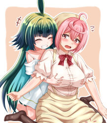 Rule 34 | 2girls, ahoge, alural, apron, artist request, bare shoulders, black hair, blue hair, blush, bow, bowtie, breasts, brown background, closed eyes, dot nose, dress, eyelashes, grabbing, grabbing another&#039;s breast, grabbing from behind, green hair, grin, hair between eyes, highres, huge ahoge, kaminaki sekai no kamisama katsudou, kneeling, large breasts, light brown background, long hair, looking at another, looking back, matching hair/eyes, mitama (kamikatsu), multiple girls, open mouth, pink eyes, pink hair, red bow, seiza, short hair, sitting, size difference, small breasts, smile, tearing up, tears, white dress, yuri