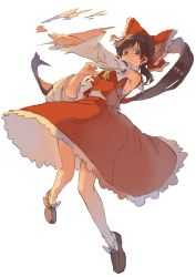 Rule 34 | 1girl, bow, brown eyes, brown hair, detached sleeves, fighting stance, frown, full body, hair bow, hair tubes, hakurei reimu, highres, japanese clothes, loafers, long hair, long skirt, miko, pisoshi, ponytail, red bow, sarashi, shoes, skirt, solo, touhou, v-shaped eyebrows, white background
