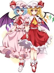 Rule 34 | 2girls, arm garter, ascot, bat wings, blonde hair, blue hair, blush, bobby socks, bow, brooch, clothes lift, crystal, fingernails, flandre scarlet, frilled shirt collar, frills, full body, holding hands, hat, hat ribbon, interlocked fingers, jewelry, kanon (ikamiso), lifting own clothes, looking at viewer, mary janes, mob cap, multiple girls, nail polish, parted lips, pink shirt, pink skirt, puffy short sleeves, puffy sleeves, red bow, red eyes, red footwear, red nails, red ribbon, red shirt, red skirt, remilia scarlet, ribbon, sash, sharp fingernails, shirt, shoes, short hair, short sleeves, siblings, side ponytail, sisters, skirt, skirt hold, skirt lift, skirt set, smile, socks, touhou, white background, white footwear, white legwear, wings, wrist cuffs