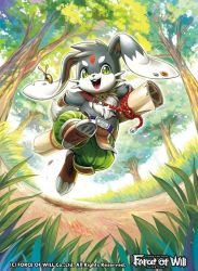 Rule 34 | animal ears, bad id, bad twitter id, boots, rabbit ears, rabbit tail, copyright name, earrings, facial mark, force of will, forehead mark, grass, green eyes, jewelry, necklace, official art, open mouth, sakuma sanosuke, scroll, solo, sparkle, tail, teeth, tree