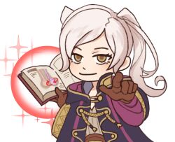 1girl baconplasm book brown_eyes brown_gloves closed_mouth fire_emblem fire_emblem_awakening gloves grey_shirt holding holding_book hooded_robe long_hair long_sleeves looking_at_viewer magic nintendo pointing pointing_at_viewer robe robin_(female)_(fire_emblem) robin_(fire_emblem) shirt smile solo sparkle testicular_torsion twintails white_background white_hair wide_sleeves