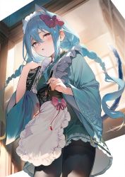 Rule 34 | 1girl, animal ears, apron, black pantyhose, blue hair, blurry, blurry background, blush, bow, braid, breasts, cat, cat ears, cat tail, corset, cowboy shot, extra ears, green kimono, hair bow, hair ornament, highres, holding, holding notepad, holding pen, indoors, japanese clothes, kemonomimi mode, kimono, long hair, long sleeves, looking at viewer, low twin braids, maid apron, maid headdress, mia whitlock, notepad, official art, open mouth, pantyhose, pen, pink eyes, raised eyebrows, second-party source, short kimono, sidelocks, small breasts, solo, tail, tantei wa mou shindeiru, thighband pantyhose, twin braids, umibouzu (niito), wide sleeves, window
