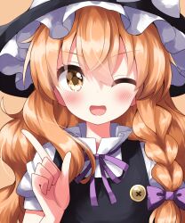 Rule 34 | 1girl, ;d, black headwear, blonde hair, braid, commentary request, highres, index finger raised, kirisame marisa, long hair, looking at viewer, one eye closed, open mouth, orange background, ruu (tksymkw), side braid, simple background, single braid, smile, solo, touhou, upper body, yellow eyes