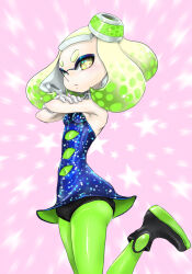 Rule 34 | 1girl, ankle boots, black footwear, blonde hair, blue dress, boots, breasts, cosplay, covered navel, cross-shaped pupils, crossed arms, detached collar, dress, gloves, gradient hair, green hair, green pantyhose, inkling, koharu2.5, leg up, marie (splatoon), marie (splatoon) (cosplay), medium hair, mole, mole under mouth, multicolored hair, nintendo, object on head, pantyhose, pearl (splatoon), short dress, small breasts, solo, splatoon (series), star (symbol), starry background, suction cups, symbol-shaped pupils, tentacle hair, two-tone hair, white gloves, yellow eyes
