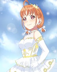 Rule 34 | 1girl, artist name, artist request, bare shoulders, blue sky, blush, bow, breasts, cloud, clover earrings, collarbone, day, dress, elbow sleeves, female focus, flower, flower hair ornament, gloves, hair bow, hair flower, hair ornament, hand on own hip, highres, isla (tsuxes), looking at viewer, love live!, love live! school idol festival, love live! sunshine!!, orange hair, outdoors, parted lips, red eyes, short hair, skirt, sky, small breasts, smile, solo, takami chika, twintails, white bow, white detached collar, white dress, white gloves, white skirt