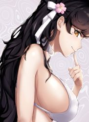 Rule 34 | 1girl, animal ears, atago (azur lane), atago (summer march) (azur lane), azur lane, bad id, bad pixiv id, bare shoulders, bikini, black hair, breasts, brown eyes, commentary request, from side, hair ornament, hairclip, highres, large breasts, long hair, looking at viewer, lumda, mole, mole under eye, sideboob, smile, solo, swimsuit, white bikini