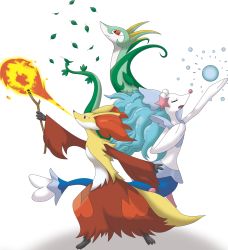 Rule 34 | absurdres, animal ear fluff, breath weapon, breathing fire, creatures (company), delphox, fire, game freak, gen 5 pokemon, gen 6 pokemon, gen 7 pokemon, highres, nintendo, pokemon, pokemon (creature), primarina, serperior, simple background, white background