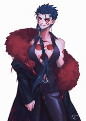 Rule 34 | 1girl, bare shoulders, breasts, chest tattoo, cleavage, cu chulainn (fate), cu chulainn (fate) (all), cu chulainn (fate/stay night), cu chulainn alter (fate), cu chulainn alter (fate/grand order), earrings, evil grin, evil smile, fate/grand order, fate (series), fur trim, genderswap, genderswap (mtf), grin, jewelry, lancer, leather, leather pants, long coat, long hair, nishiyama (whatsoy), off shoulder, pants, ponytail, red eyes, shoulder tattoo, smile, solo, tattoo, vest