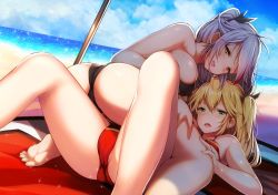 Rule 34 | 2girls, admiral hipper (azur lane), ahoge, antenna hair, ass, azur lane, beach, bikini, black bikini, blonde hair, blue sky, blush, breasts, cloud, cloudy sky, commentary request, day, green eyes, hair between eyes, long hair, looking at viewer, lying on person, mole, mole on breast, multicolored hair, multiple girls, ocean, open mouth, outdoors, prinz eugen (azur lane), revision, silver hair, sky, spread legs, streaked hair, sunlight, swimsuit, take your pick, tobimura, topfreedom, topless, two side up, water