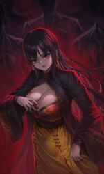 Rule 34 | 1girl, absurdres, black coat, black dress, black hair, breasts, china dress, chinese clothes, chinese knot, coat, colored inner hair, dress, earrings, floral print, goddess of victory: nikke, highres, holding, jewelry, large breasts, long hair, long sleeves, looking at viewer, moran (nikke), multicolored hair, multiple boys, phusit, red eyes, red hair, tassel, tassel earrings, two-tone dress, yellow dress