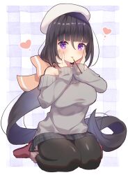 Rule 34 | 1girl, bare shoulders, beret, black hair, black pantyhose, bow, checkered background, food in mouth, hair bow, hand on own cheek, hand on own face, hat, heart, ima-no-tsurugi (tenka hyakken), long hair, low ponytail, off-shoulder sweater, off shoulder, okanoyuno, pantyhose, plaid, plaid skirt, pocky, pocky in mouth, purple eyes, purple footwear, sitting, skirt, snack, sweater, tenka hyakken, very long hair, wariza