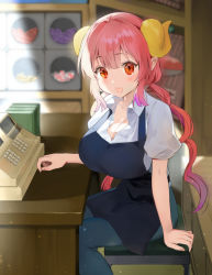 Rule 34 | 1girl, apron, blush, breasts, cash register, cleavage, condom, dragon girl, dragon horns, horns, huge breasts, ice (ice aptx), ilulu (maidragon), kobayashi-san chi no maidragon, large breasts, long hair, looking at viewer, open mouth, pink hair, pointy ears, red eyes, red hair, shirt, shop, sitting, slit pupils, smile, solo, store clerk, twintails, uniform
