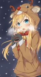 Rule 34 | 1girl, abukuma (kancolle), alternate costume, animal costume, antlers, bell, black gloves, blonde hair, blue eyes, blush, breath, can, commentary request, gloves, hair rings, highres, holding, holding can, horns, kantai collection, long hair, long sleeves, looking at viewer, open mouth, reindeer antlers, reindeer costume, solo, steam, wasumi kei, winter